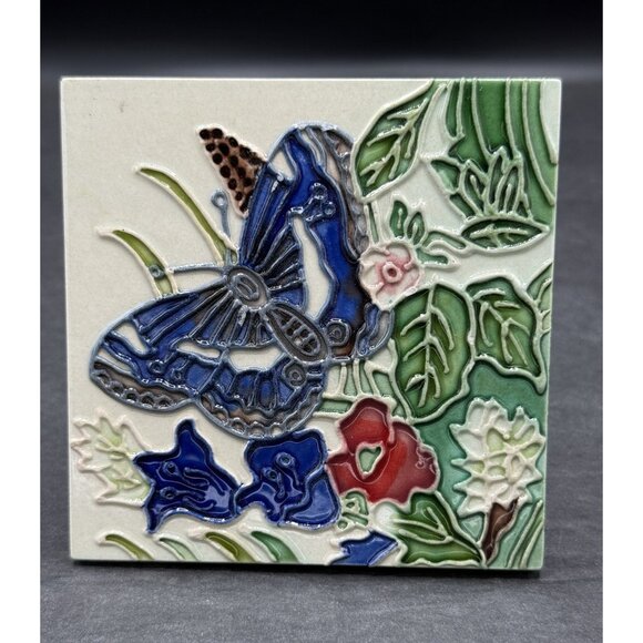 Vintage Ceramic Tile Decor Butterly Flowers Hand Painted 4x4 Wall Mount Backing - Picture 1 of 6